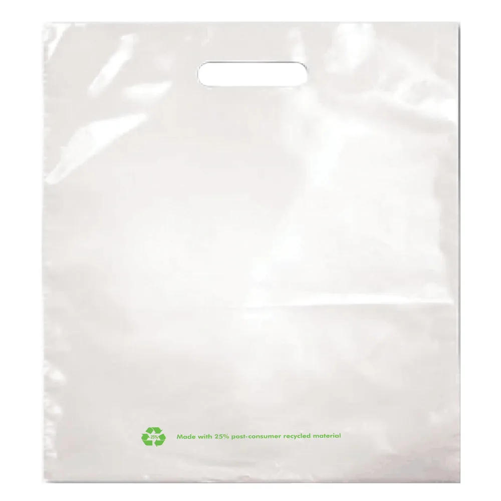 12" x 15" x 2.25 mil White 25% Post Consumer Recycled Plastic Merchandise Bags with Die-Cut Handles, Printed Message (Case of 1,000)