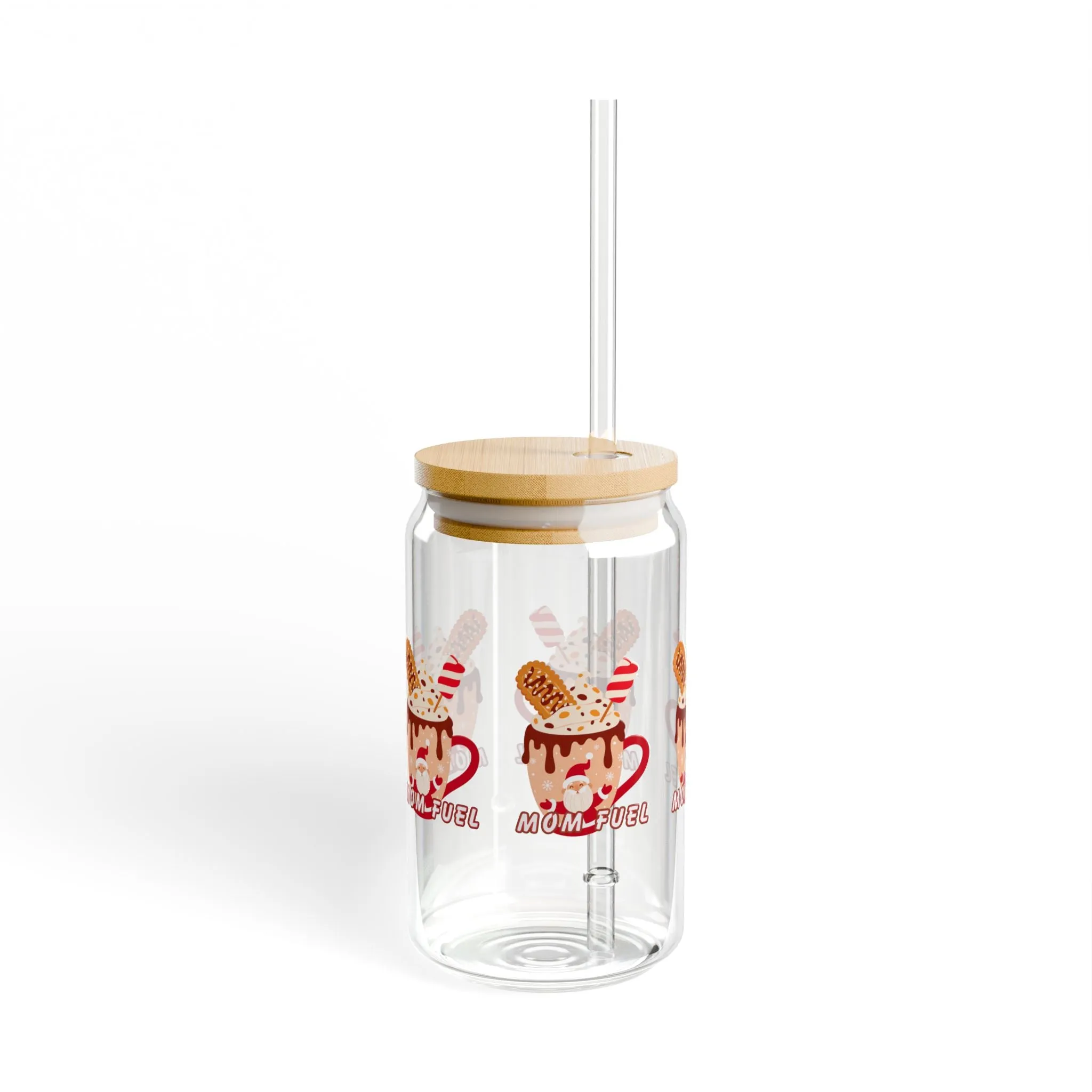 16 OZ Glass Sipper with Lid and Straw – "Mom Fuel" Christmas Coffee Design – Reusable Glass Cup with Straw – Holiday Drinkware for Moms – Eco-Friendly Gift for Coffee Lovers