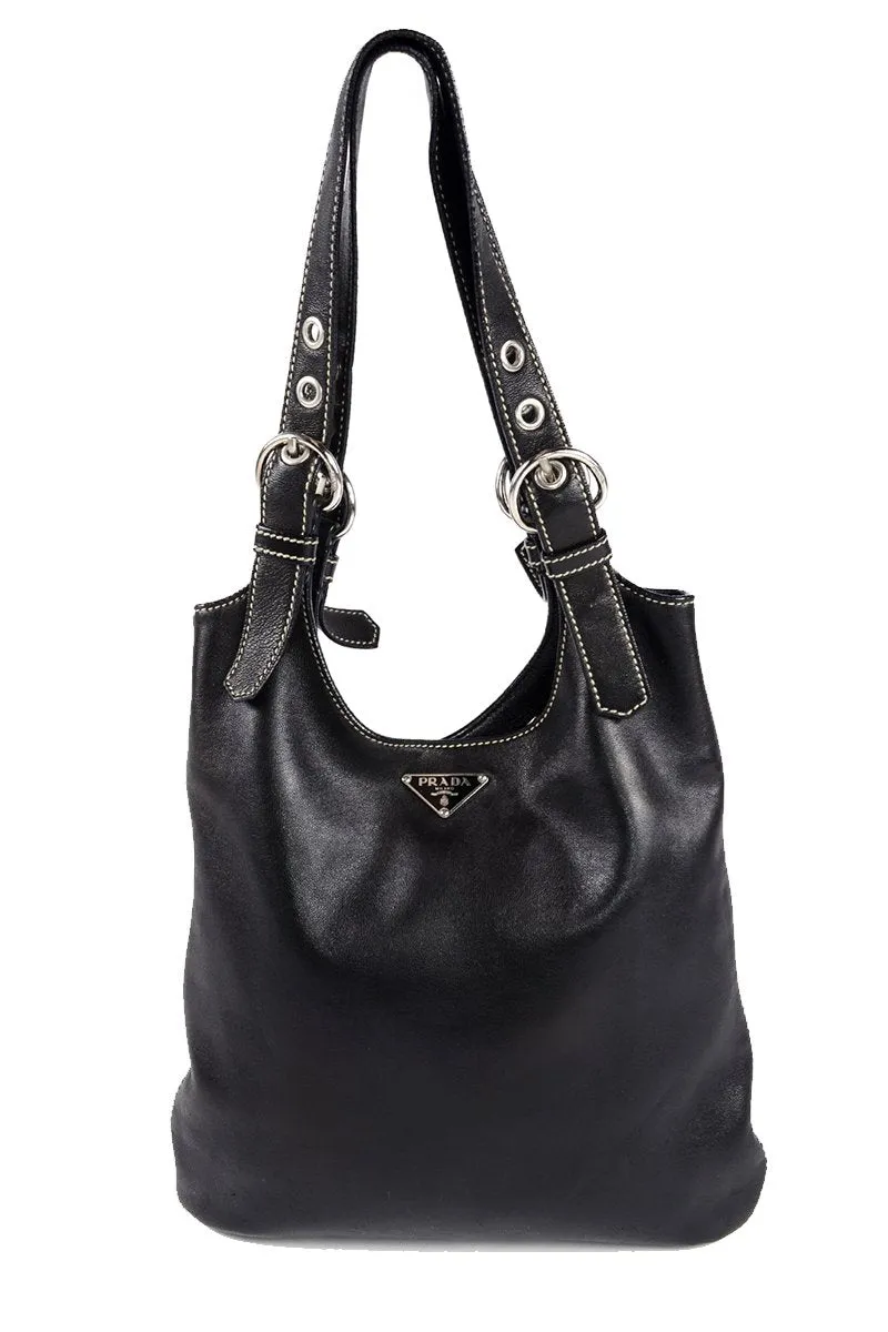 1990s Prada Black Lambskin Leather Hobo Shoulder Bag