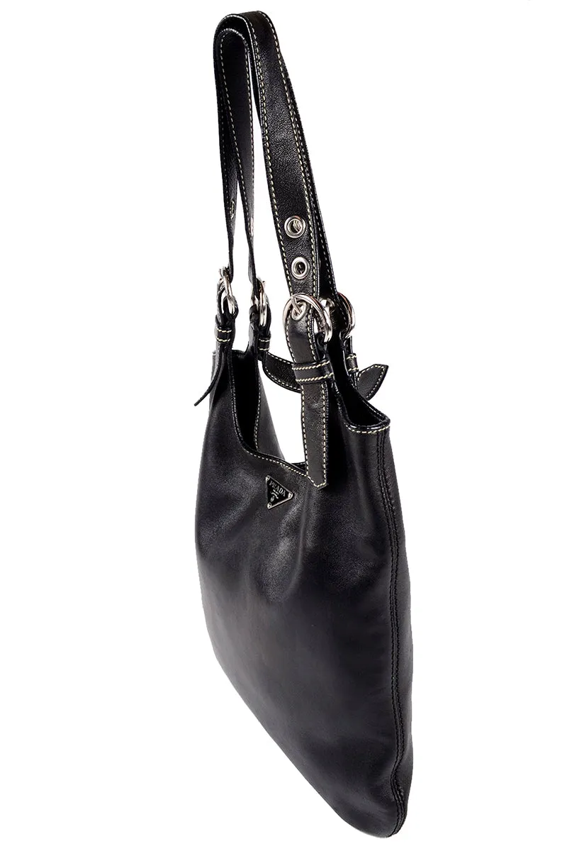 1990s Prada Black Lambskin Leather Hobo Shoulder Bag