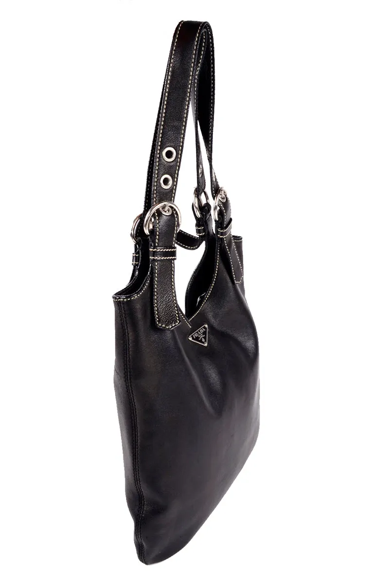 1990s Prada Black Lambskin Leather Hobo Shoulder Bag