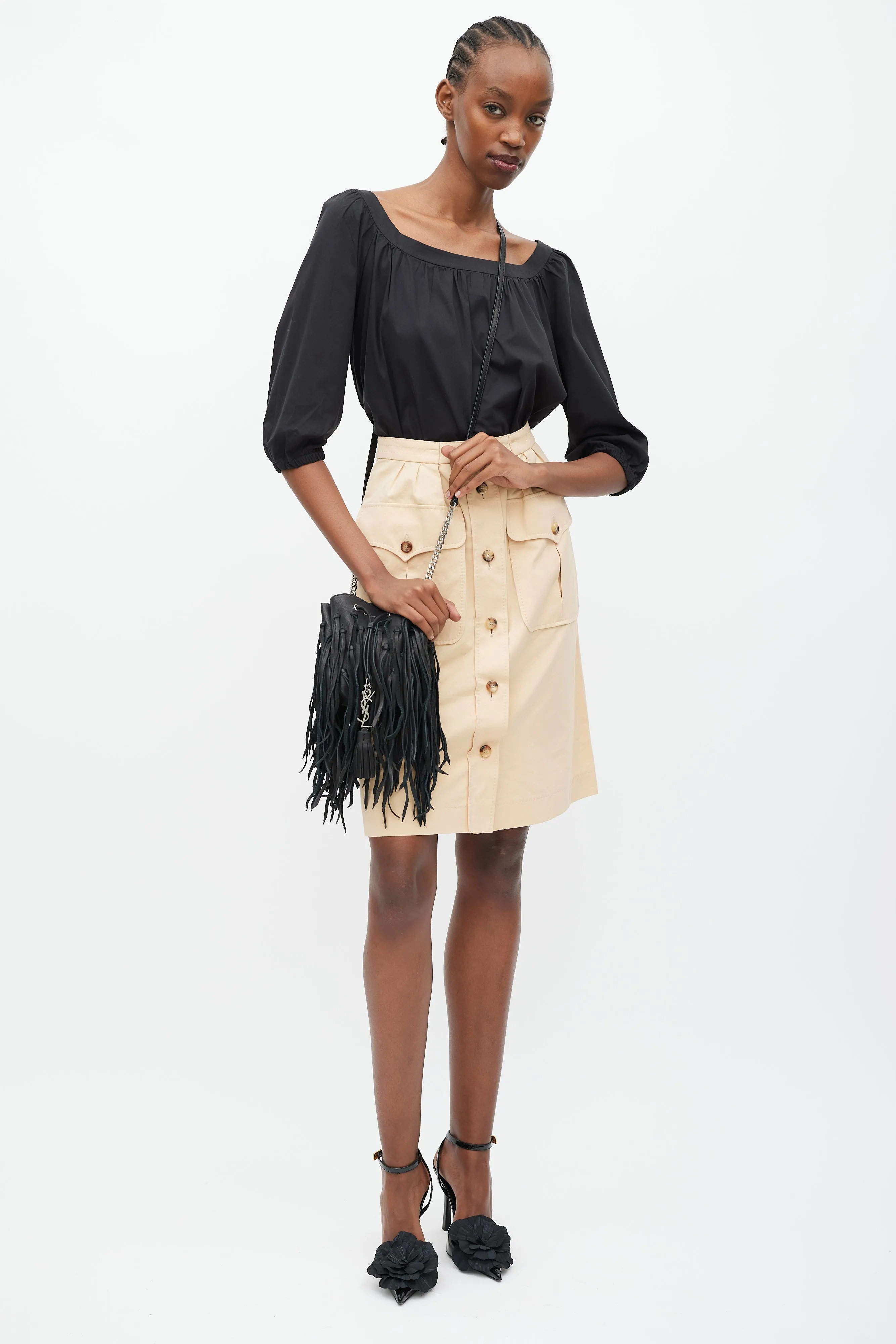 2015 Black Leather Fringe Monogram Mini Bourse Bucket Bag