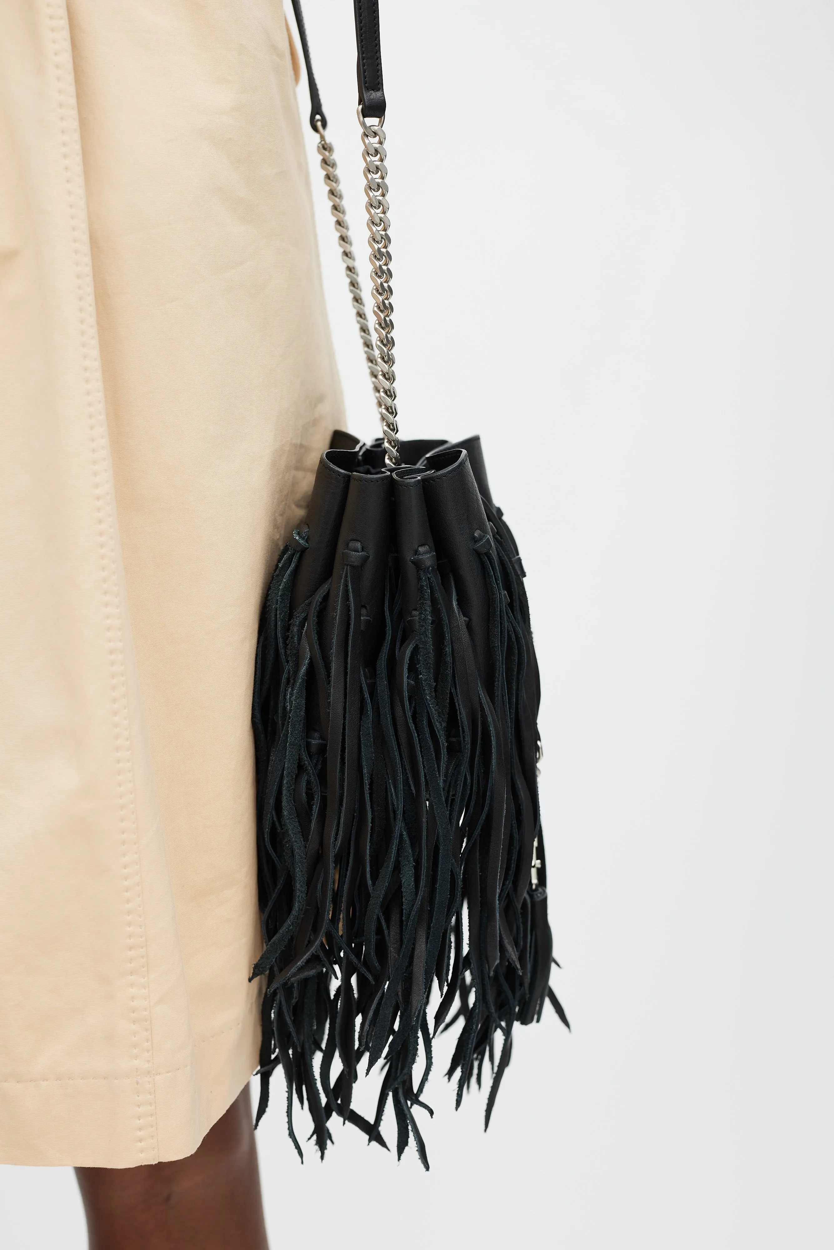 2015 Black Leather Fringe Monogram Mini Bourse Bucket Bag