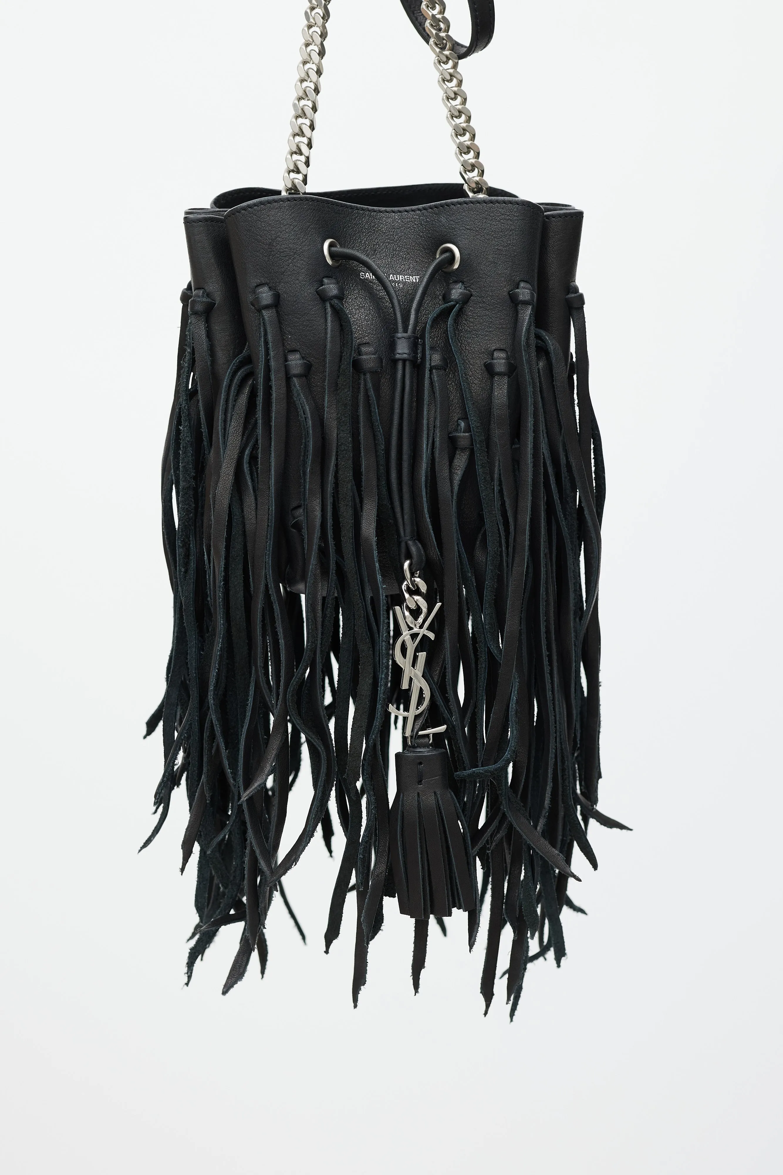 2015 Black Leather Fringe Monogram Mini Bourse Bucket Bag