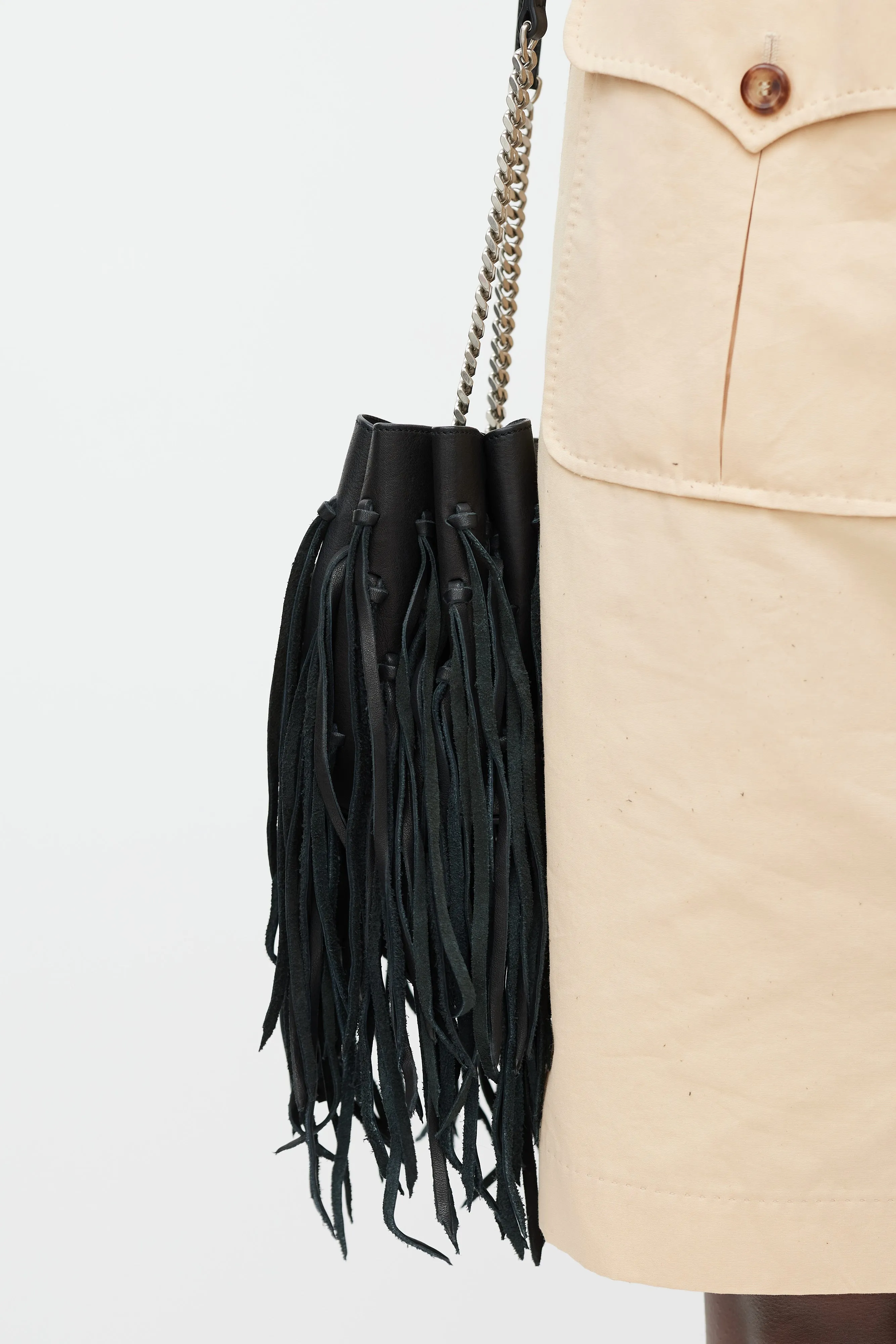 2015 Black Leather Fringe Monogram Mini Bourse Bucket Bag