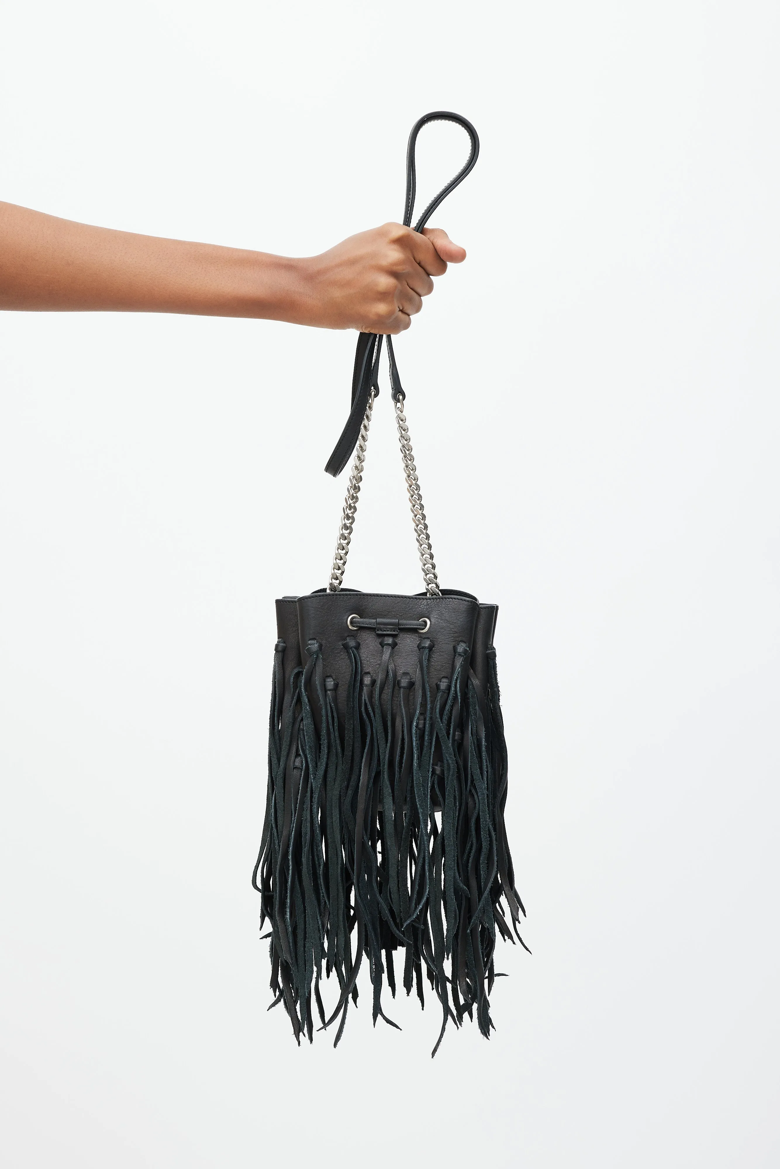 2015 Black Leather Fringe Monogram Mini Bourse Bucket Bag