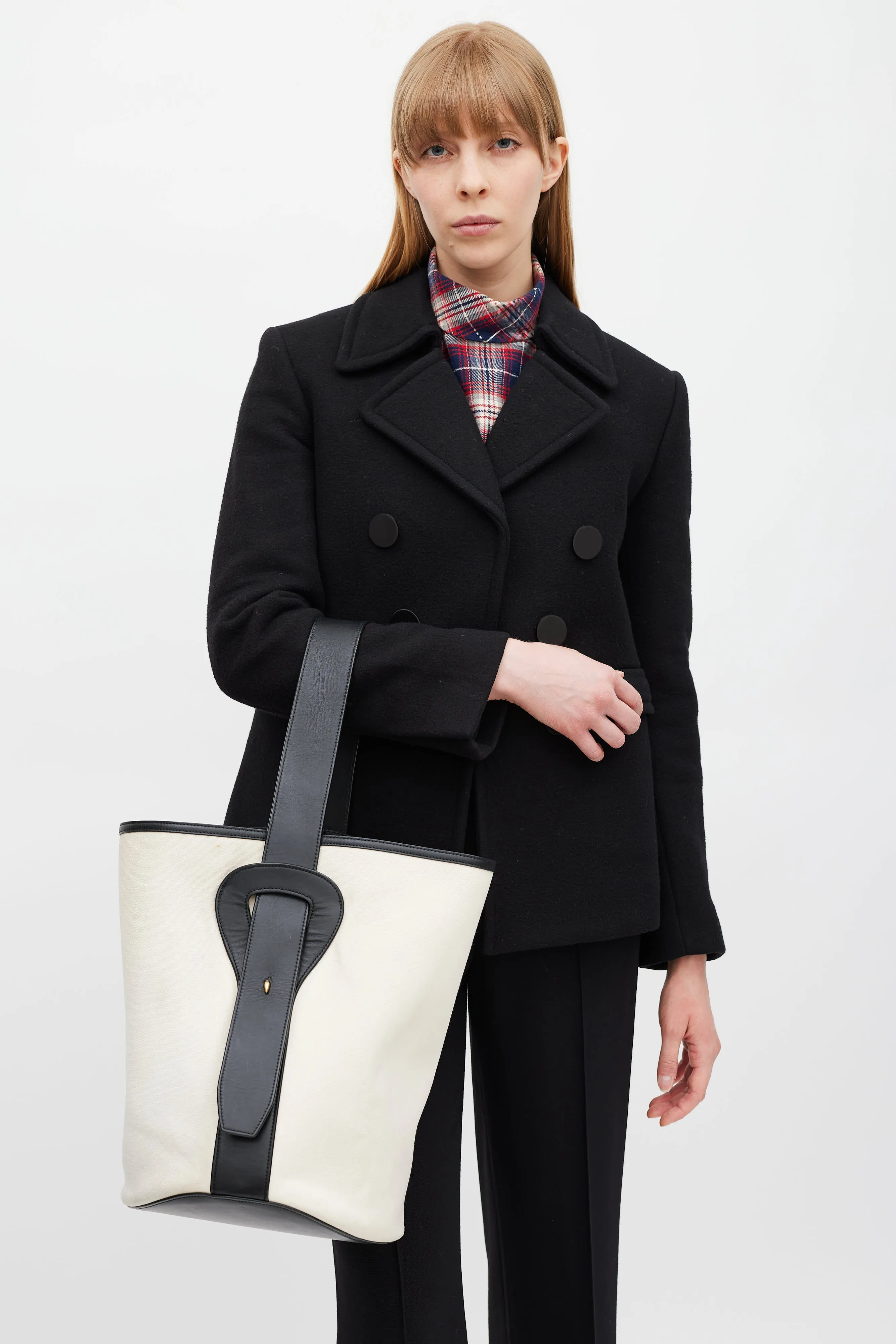 2015 White Canvas & Black Leather Bucket Bag