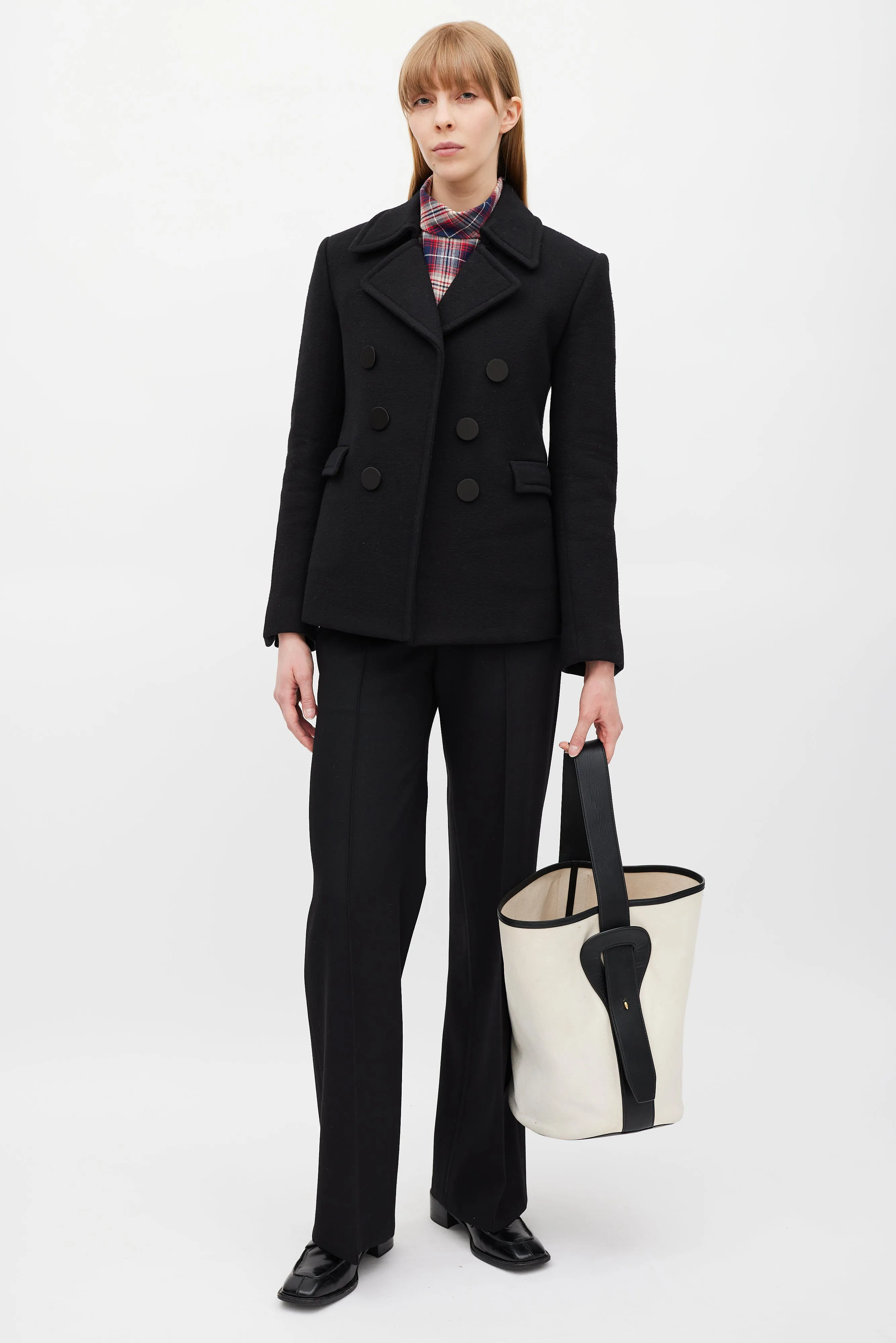 2015 White Canvas & Black Leather Bucket Bag