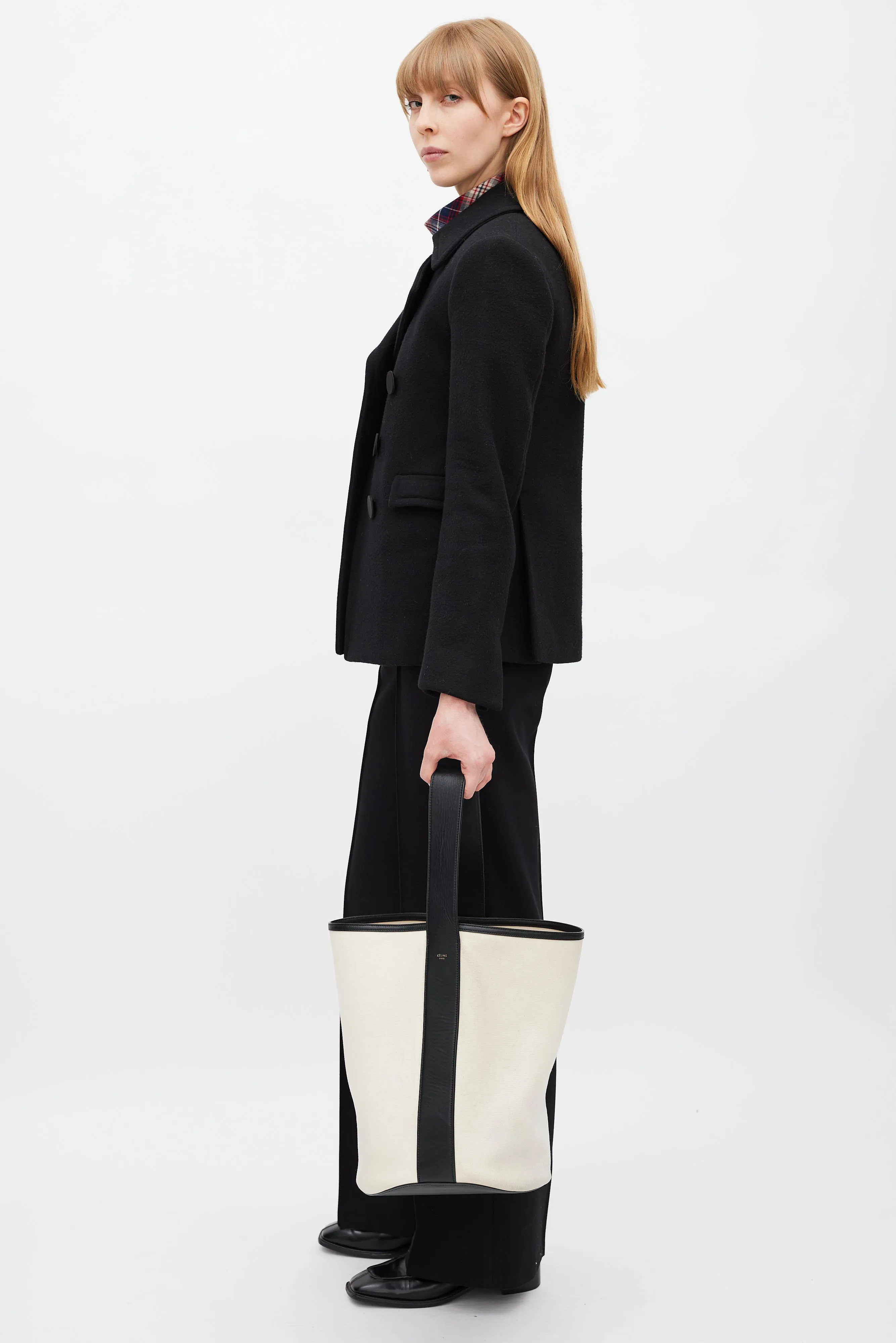 2015 White Canvas & Black Leather Bucket Bag