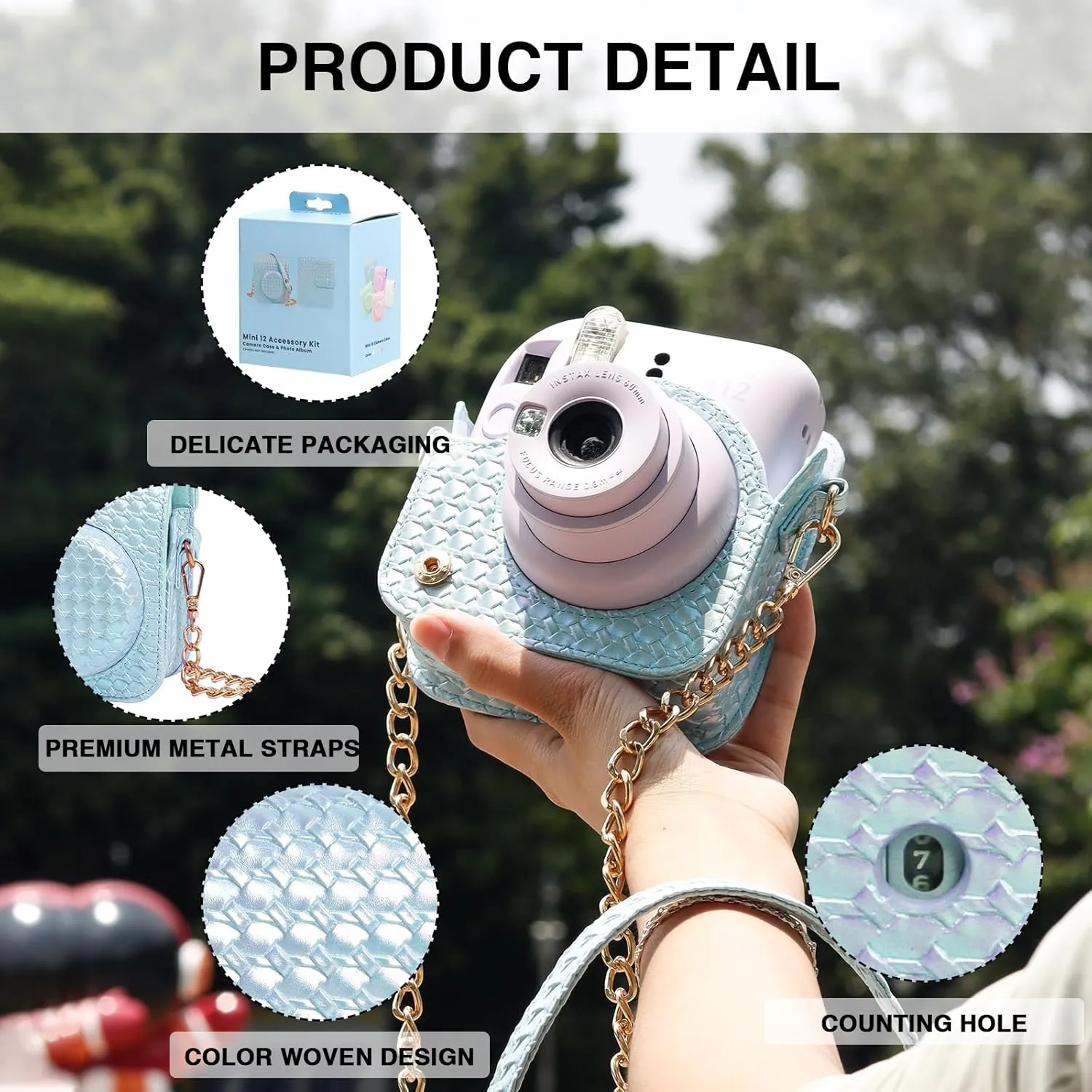 Camera Case for Fujifilm Instax Mini 12 Instant Camera, PU Leather Glitter Woven Camera Bag with Shoulder Strap & 64 Pockets Mini Photo Album - Blue