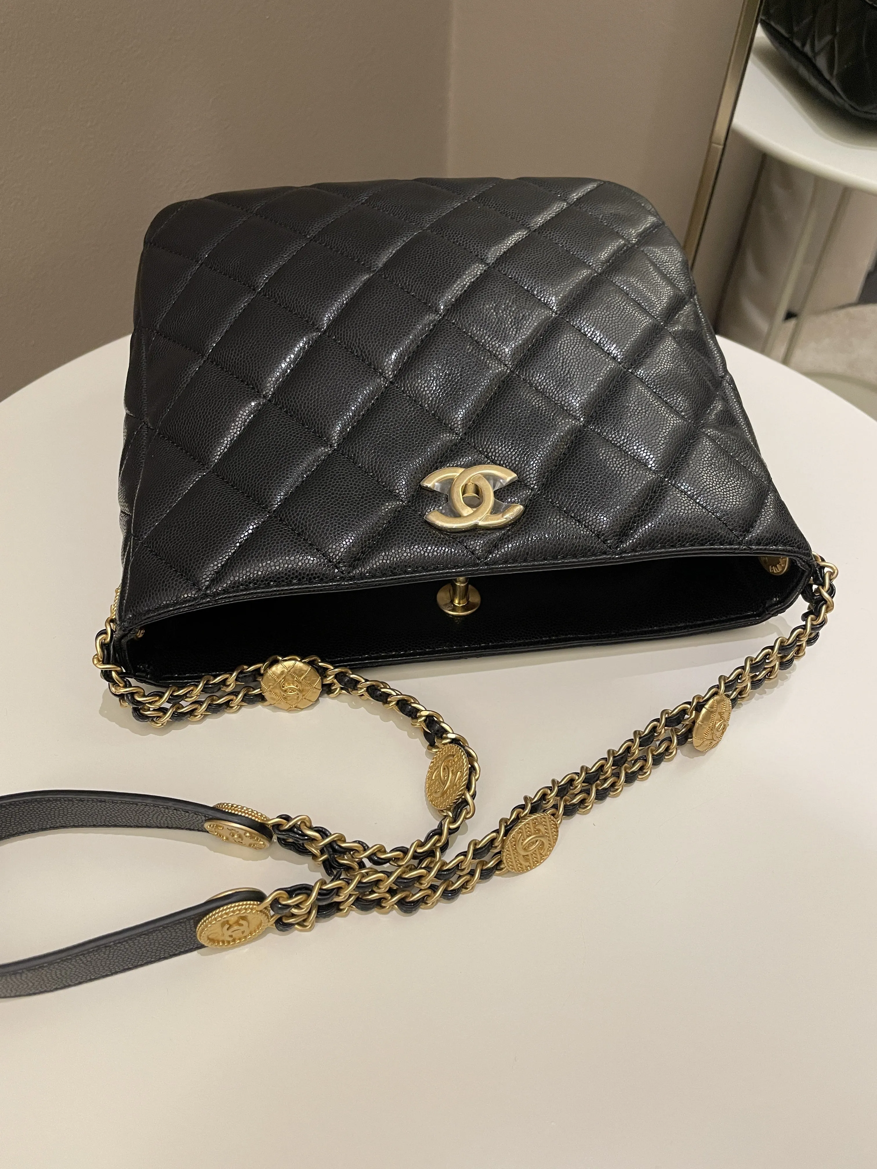 Chanel 22A Twist Your Button Hobo Bag Black Caviar