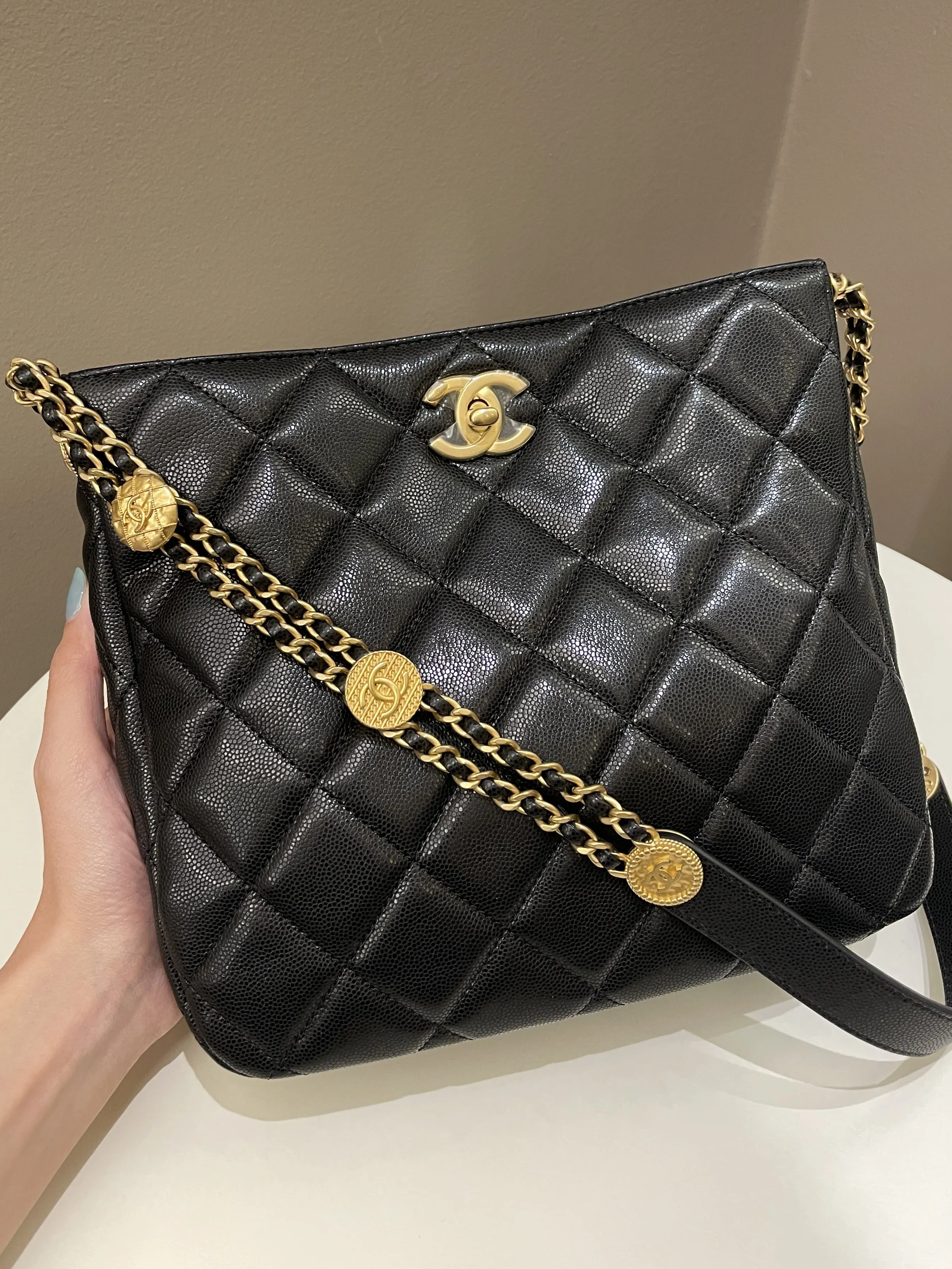 Chanel 22A Twist Your Button Hobo Bag Black Caviar