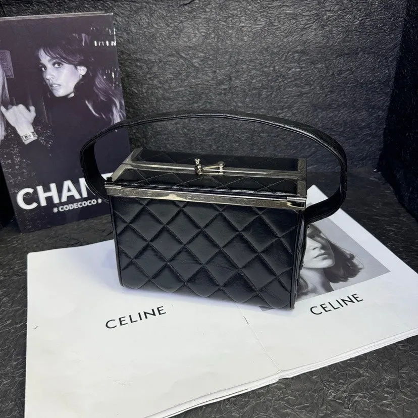 Chanel Black Silver Quilted Makeup Box Bag