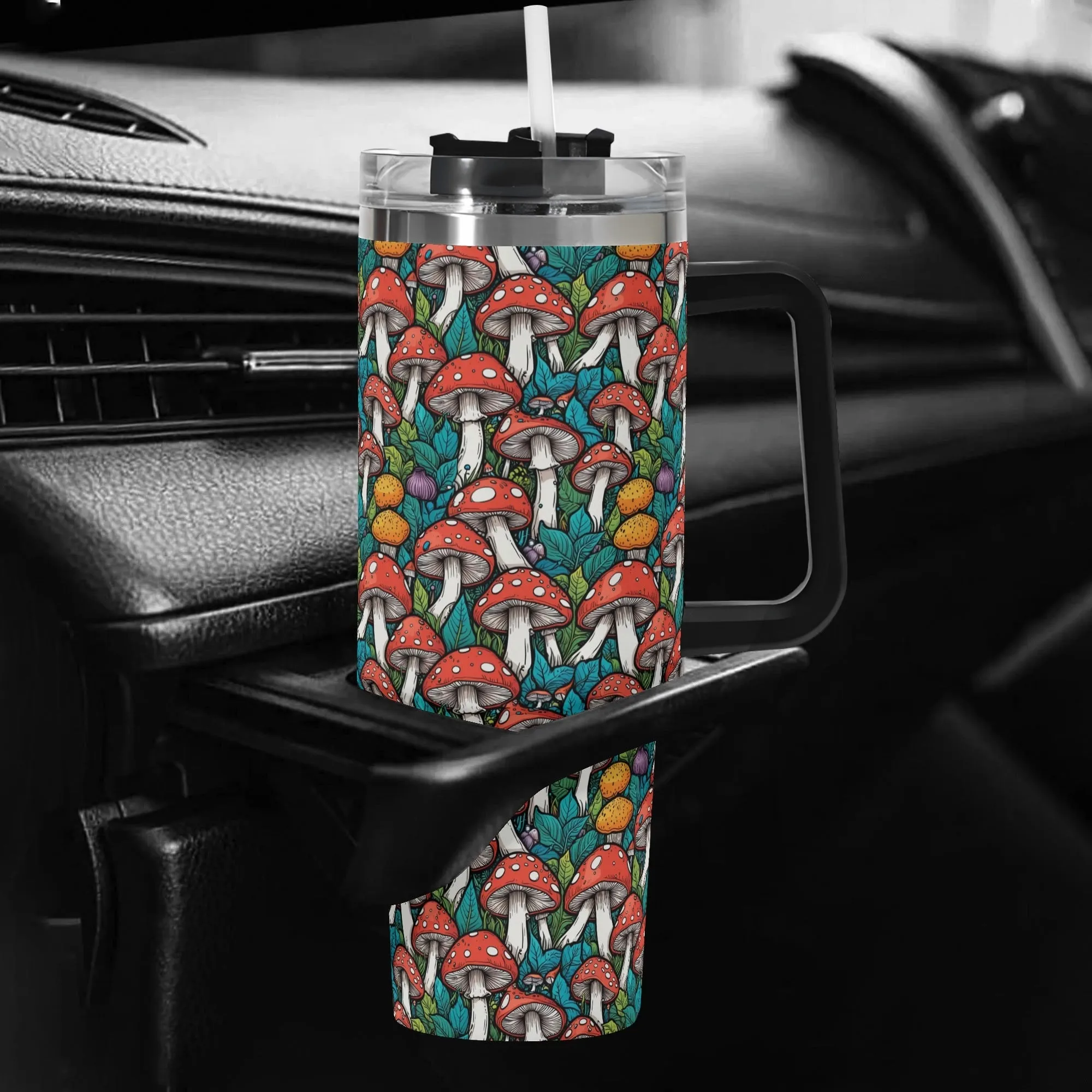 Colorful Mushrooms 40oz Stainless Steel Tumbler Gift With Black Handle and Straw