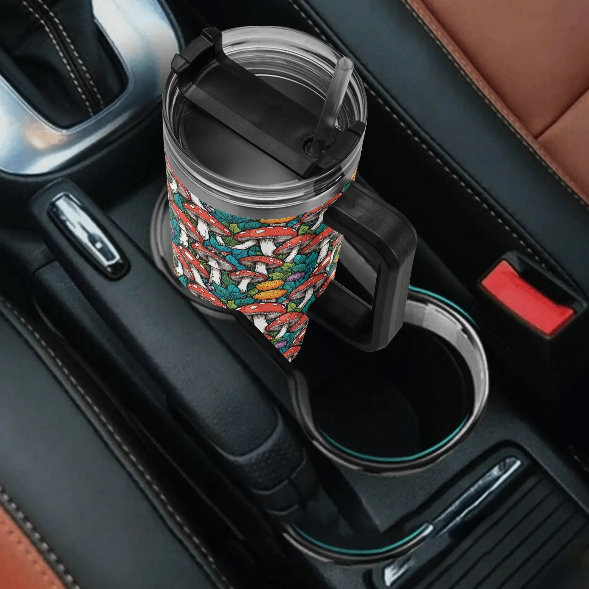 Colorful Mushrooms 40oz Stainless Steel Tumbler Gift With Black Handle and Straw