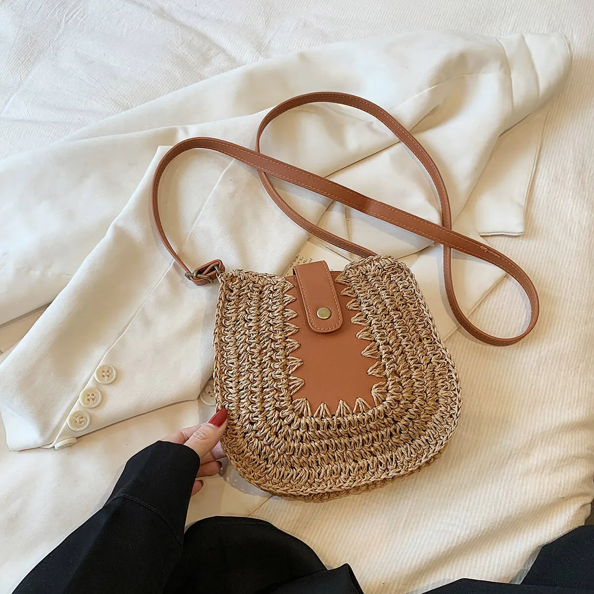 Designer Raffia Straw Beach Crossbody Bag-Showtown