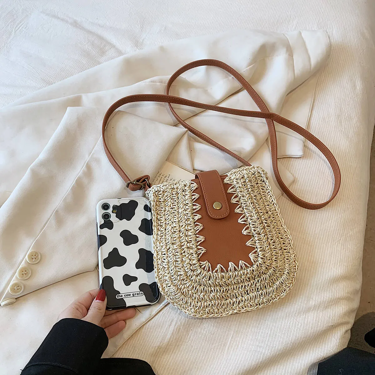 Designer Raffia Straw Beach Crossbody Bag-Showtown