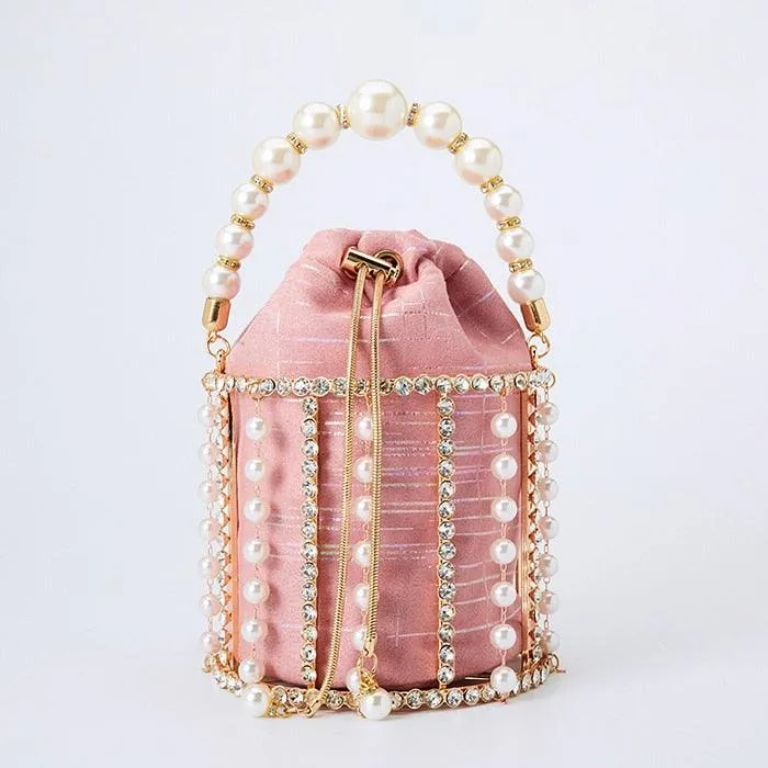 Hollow Out Pearl Bucket Evening Bag Women 2019 Luxury Designer Korean Handmade Alloy Metallic Clutch Bag Ladies Shoulder Bags