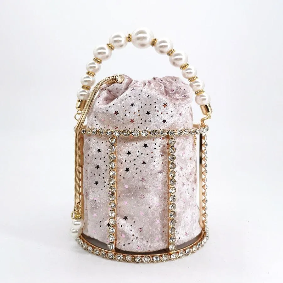Hollow Out Pearl Bucket Evening Bag Women 2019 Luxury Designer Korean Handmade Alloy Metallic Clutch Bag Ladies Shoulder Bags
