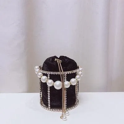 Hollow Out Pearl Bucket Evening Bag Women 2019 Luxury Designer Korean Handmade Alloy Metallic Clutch Bag Ladies Shoulder Bags