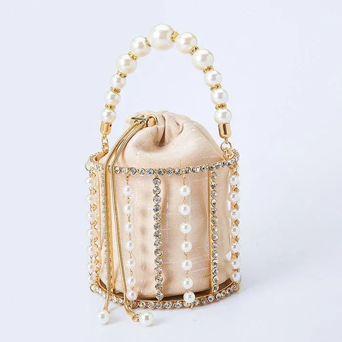 Hollow Out Pearl Bucket Evening Bag Women 2019 Luxury Designer Korean Handmade Alloy Metallic Clutch Bag Ladies Shoulder Bags