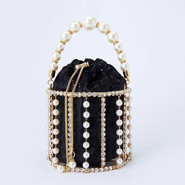 Hollow Out Pearl Bucket Evening Bag Women 2019 Luxury Designer Korean Handmade Alloy Metallic Clutch Bag Ladies Shoulder Bags