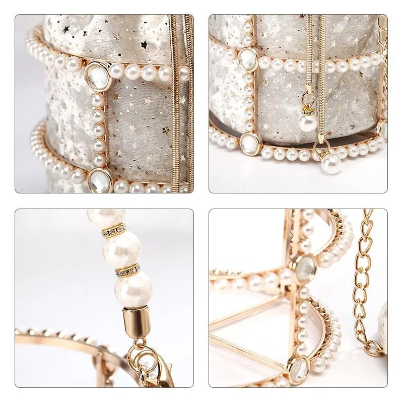 Hollow Out Pearl Bucket Evening Bag Women 2019 Luxury Designer Korean Handmade Alloy Metallic Clutch Bag Ladies Shoulder Bags