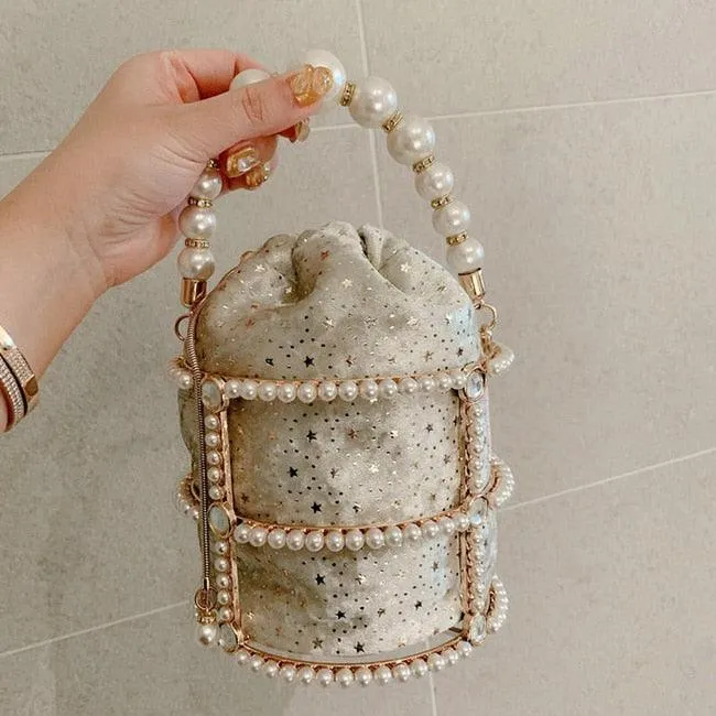 Hollow Out Pearl Bucket Evening Bag Women 2019 Luxury Designer Korean Handmade Alloy Metallic Clutch Bag Ladies Shoulder Bags
