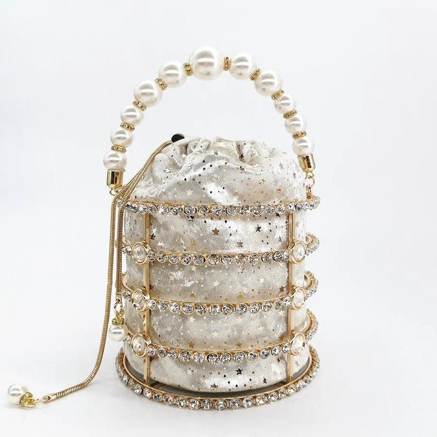 Hollow Out Pearl Bucket Evening Bag Women 2019 Luxury Designer Korean Handmade Alloy Metallic Clutch Bag Ladies Shoulder Bags