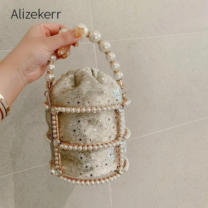 Hollow Out Pearl Bucket Evening Bag Women 2019 Luxury Designer Korean Handmade Alloy Metallic Clutch Bag Ladies Shoulder Bags