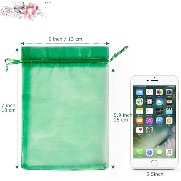 HRX Package 100pcs Large Organza Bags Green, 5x7 inch Mesh Drawstring Gift Bags Jewelry Pouches for Christmas Candy Party Favor Gift Small Bags