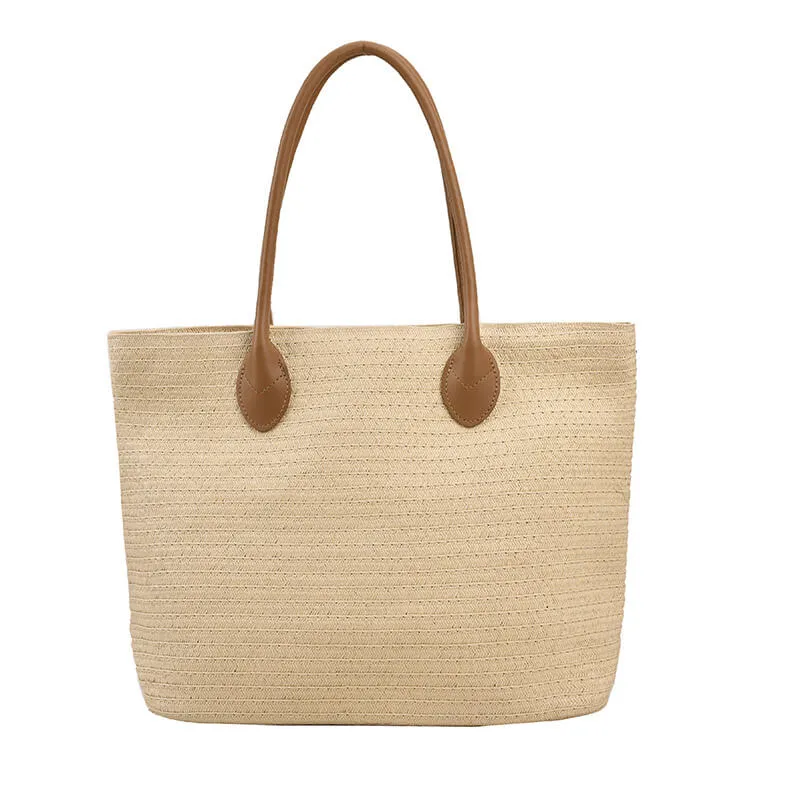 Large Natural Beach Straw Tote Bag With Leather Stripe -Showtown