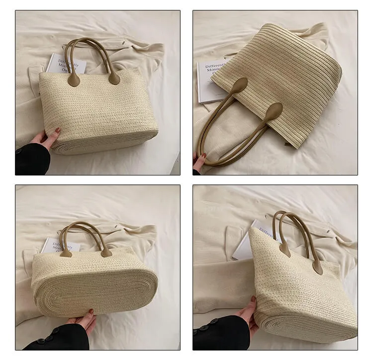 Large Natural Beach Straw Tote Bag With Leather Stripe -Showtown