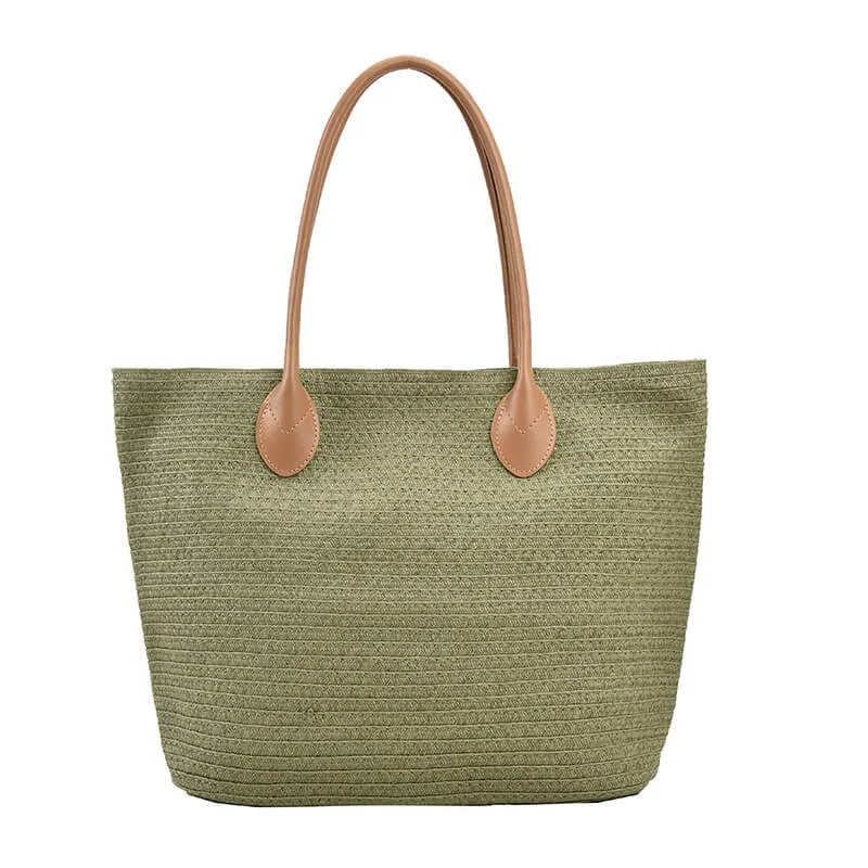 Large Natural Beach Straw Tote Bag With Leather Stripe -Showtown