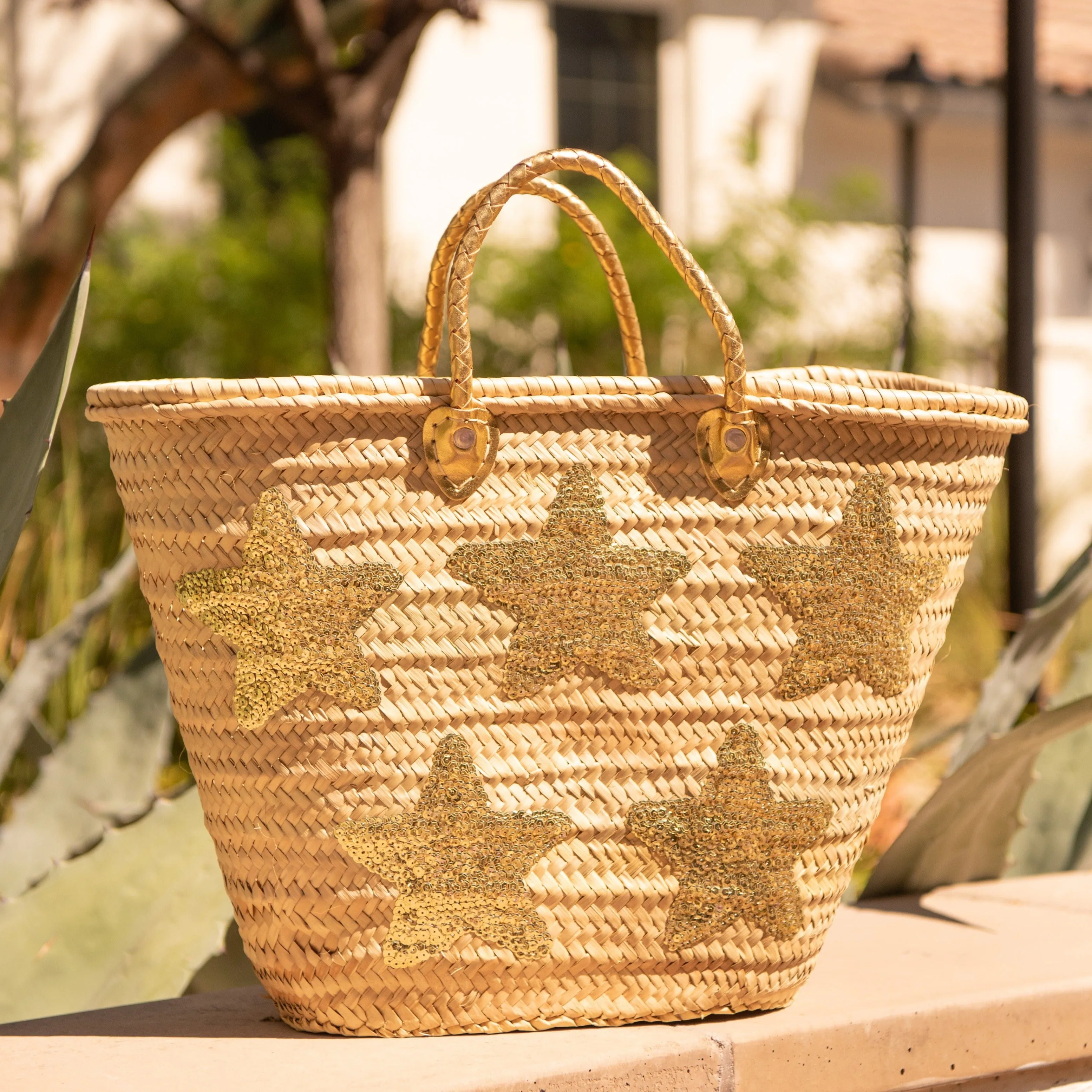 Large Straw Tote with Gold Sequin Stars