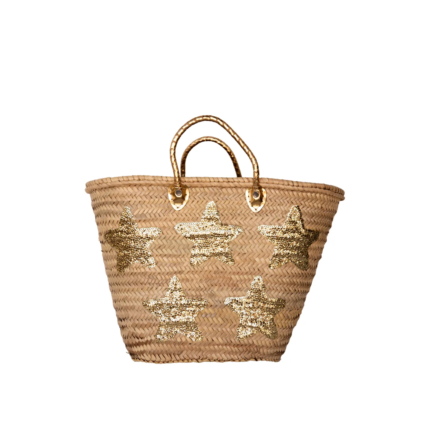 Large Straw Tote with Gold Sequin Stars