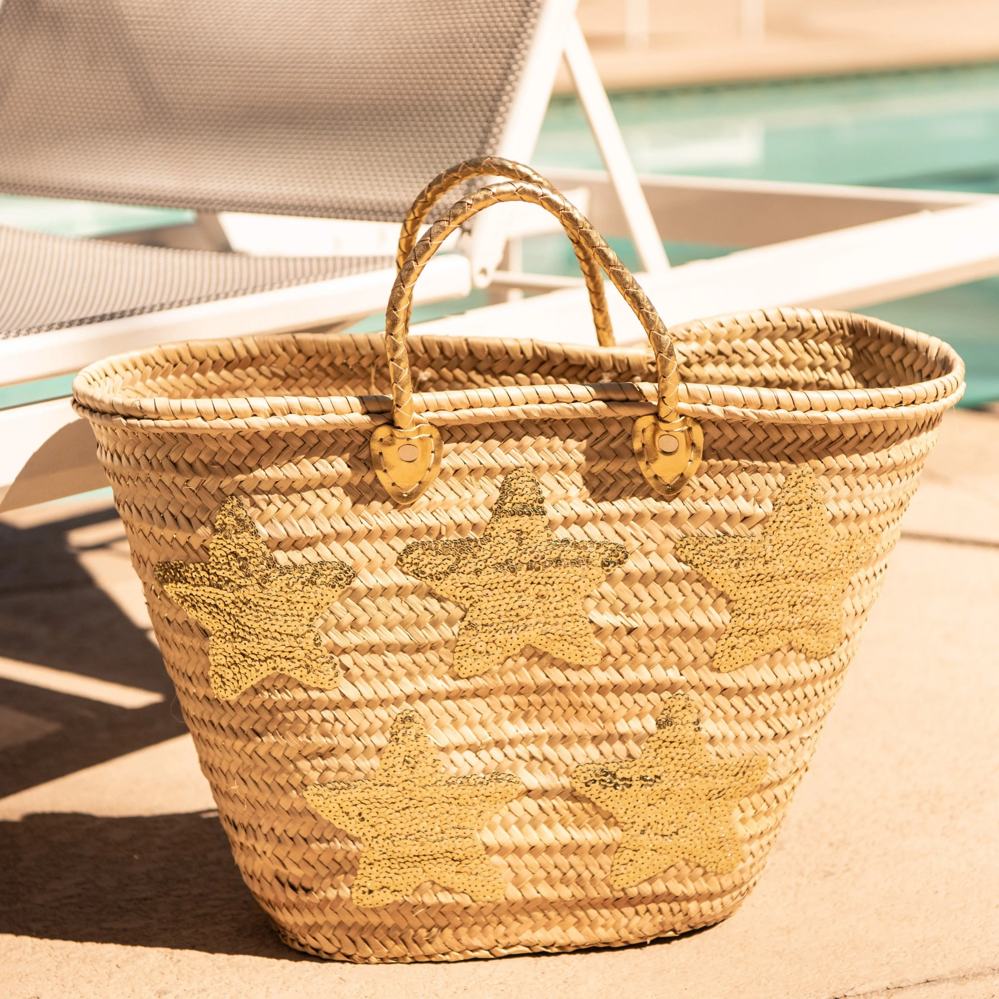 Large Straw Tote with Gold Sequin Stars