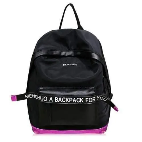 Letter Color Block Nylon Backpack - Black