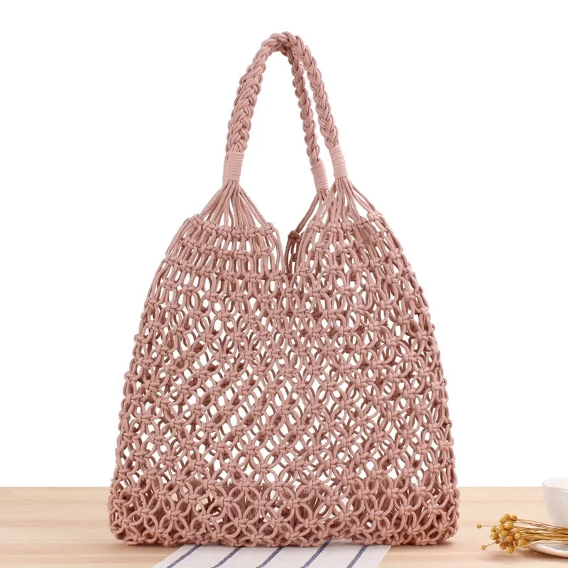 New Solid Color One-shoulder Woven Straw Cotton Rope Net Pocket Beach Bag 35*48cm