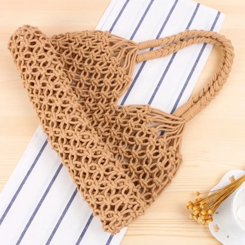 New Solid Color One-shoulder Woven Straw Cotton Rope Net Pocket Beach Bag 35*48cm