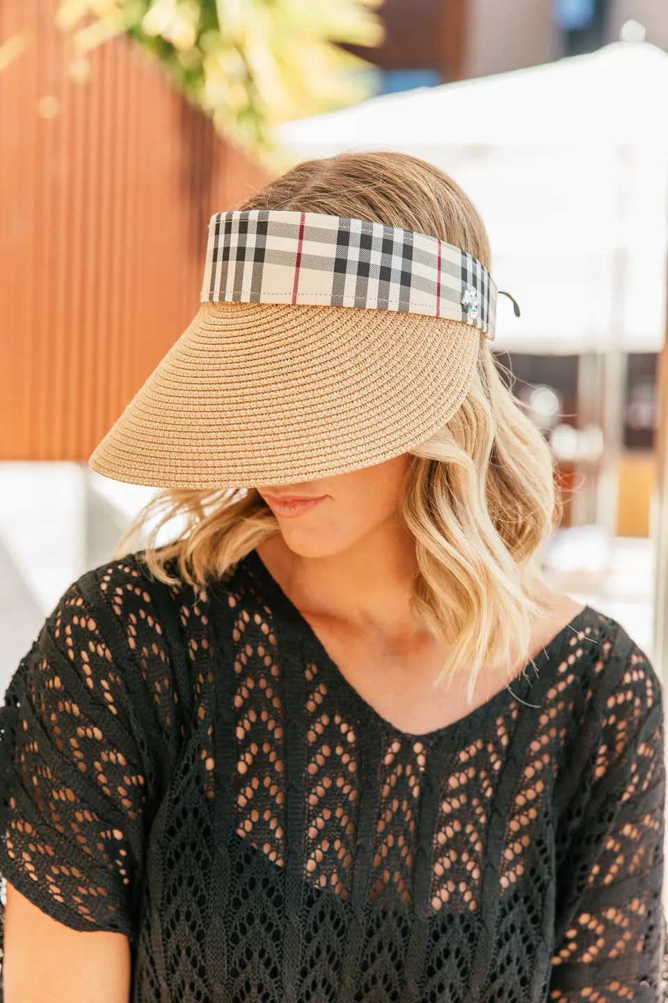NEW!! Straw Visor with Plaid Band