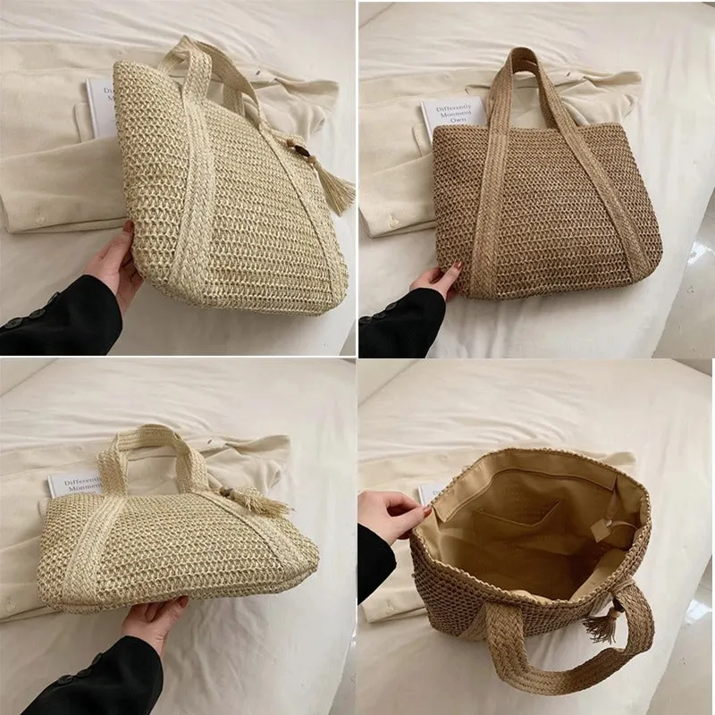Oversized Summer Woven Straw Beach Bag with Tassel Decor