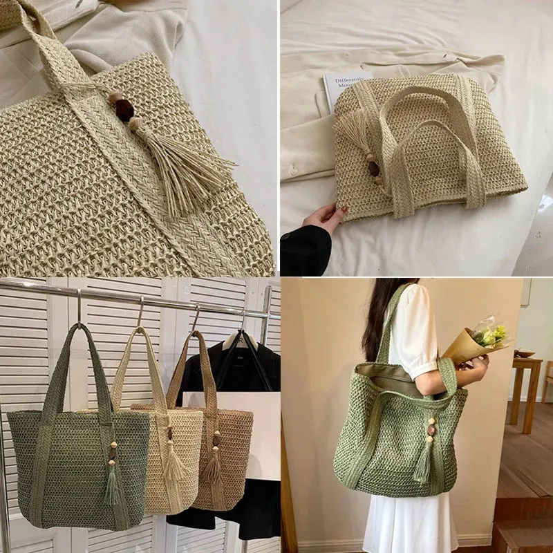 Oversized Summer Woven Straw Beach Bag with Tassel Decor