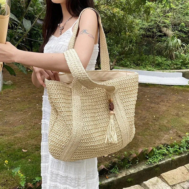 Oversized Summer Woven Straw Beach Bag with Tassel Decor