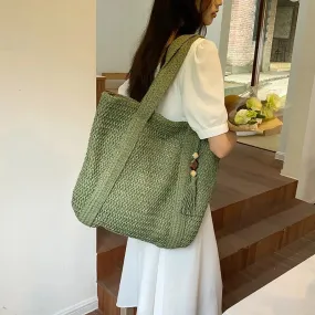 Oversized Summer Woven Straw Beach Bag with Tassel Decor