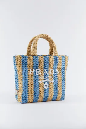 Prada Small Raffia Striped Tote Bag (Tan/Blue)
