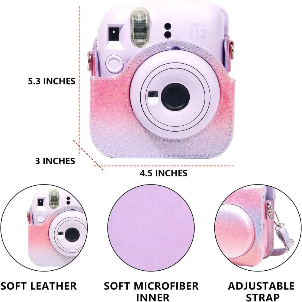 Protective Camera Case for Fujifilm Instax Mini 12 Instant Camera PU Leather Glitter Gradient Style Camera Bag with Shoulder Strap- Pink&Blue