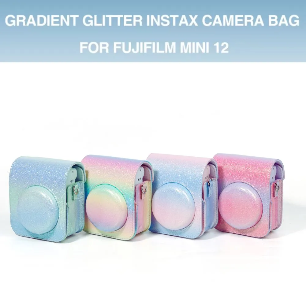 Protective Camera Case for Fujifilm Instax Mini 12 Instant Camera PU Leather Glitter Gradient Style Camera Bag with Shoulder Strap- Pink&Blue