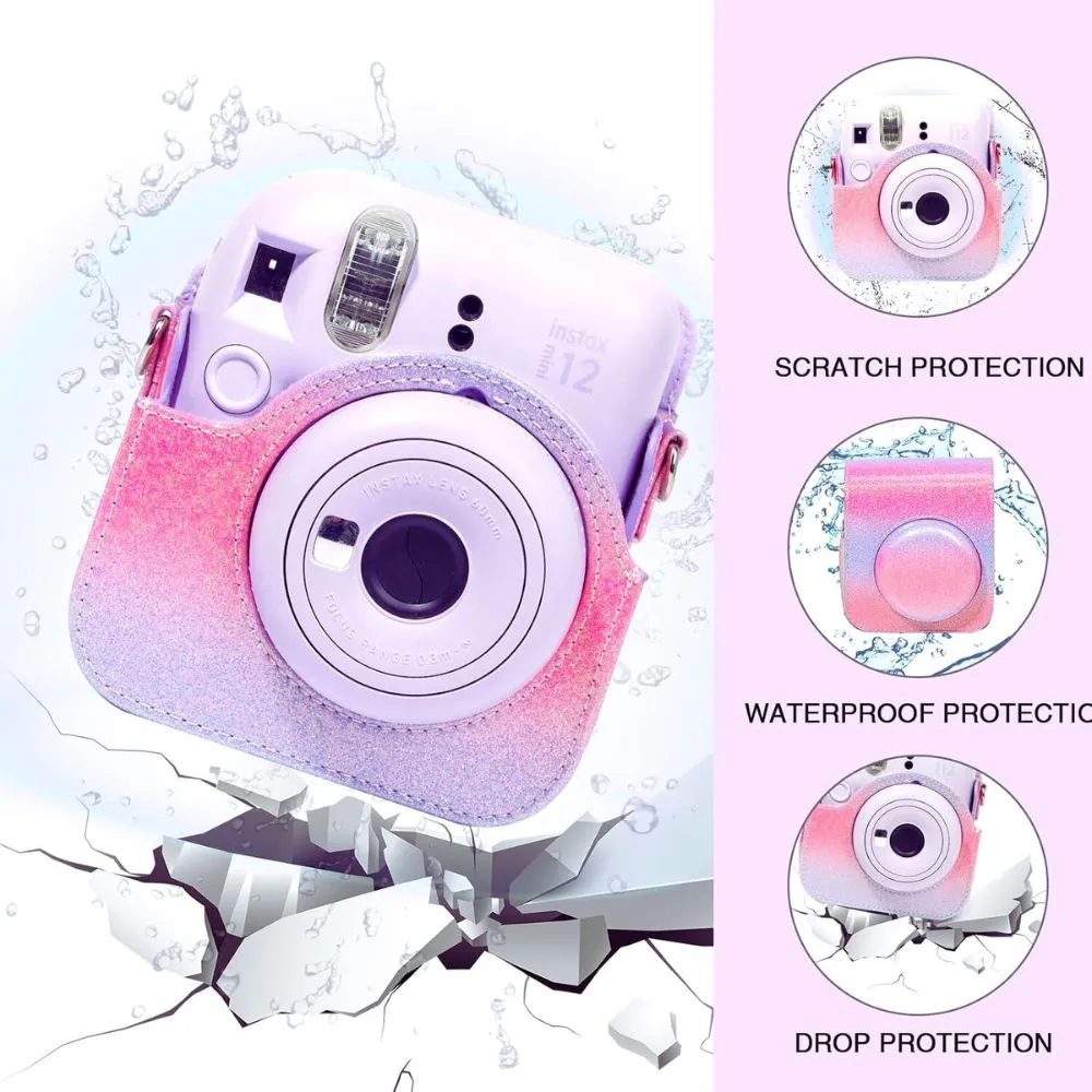 Protective Camera Case for Fujifilm Instax Mini 12 Instant Camera PU Leather Glitter Gradient Style Camera Bag with Shoulder Strap- Pink&Blue
