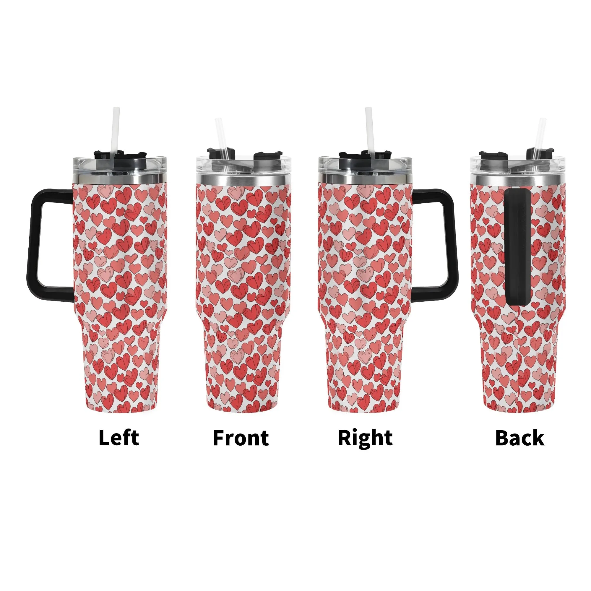 Red Little Hearts 40oz Stainless Steel Tumbler Gift With Black Handle and Straw